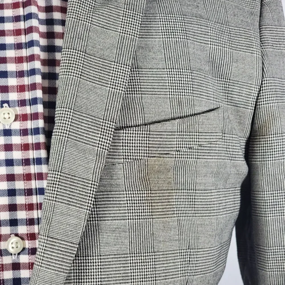 H&M Men's Sport Coat Blazer One Button Gray Plaid Polyester Blend Skinny Fit 40R